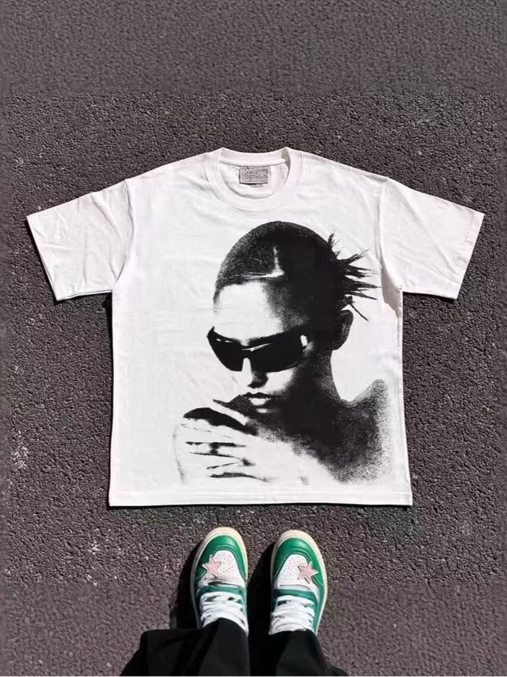 White Graphic Tee with Black Portrait Print - Men
